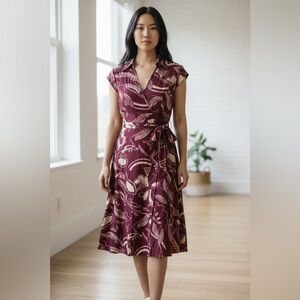 MEX Silk Blend Burgundy Printed Tie Waist Short Sleeve Mid Length Dress 38